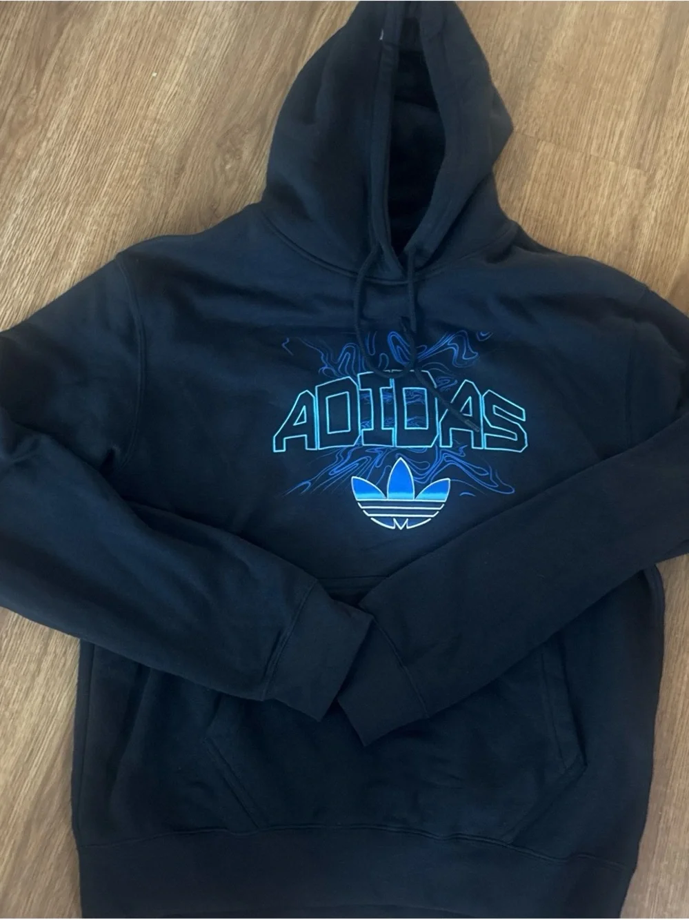 adidas Black Hoodie with Blue Logo and Trefoil